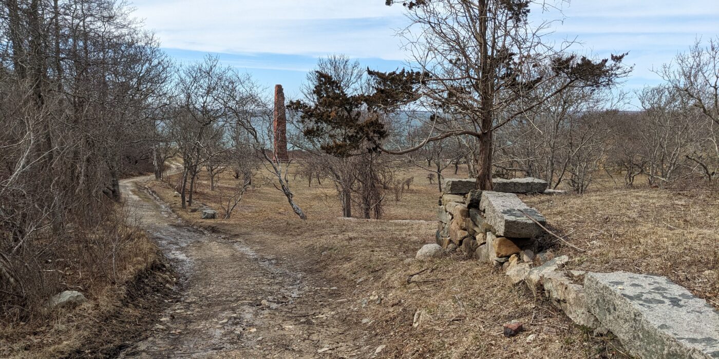 Trail approaching derelict brickyard tower in Chilmark